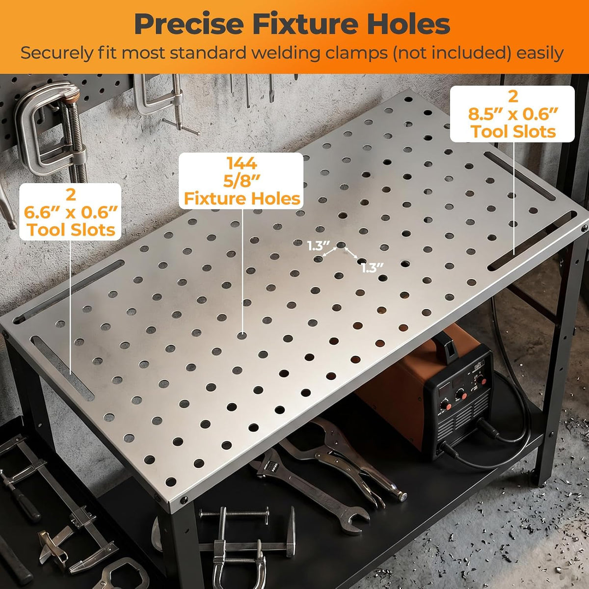 Rolling Welding Table, 1200 LBS Welding Workbench Table Top w/Lockable Wheels, Tool Rack & Tray, 144 5/8” Holes, Tool