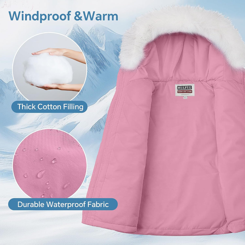 Girl’s Winter Parka Coat Long Hooded Waterproof Warm Fleece Puffer Jacket