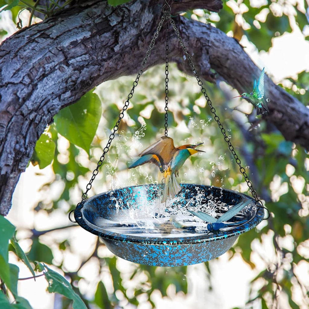 11.4" Hanging Bird Bath & Feeder Blueblack Metal Garden Decor
