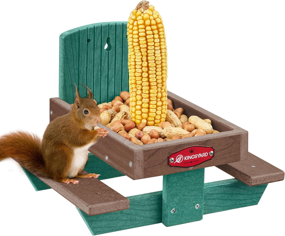 Squirrel Feeder Table for Outside, Recycled Plastic Squirrel & Chipmunk Picnic Table Feeder with Corn Cob Holder, 2 x
