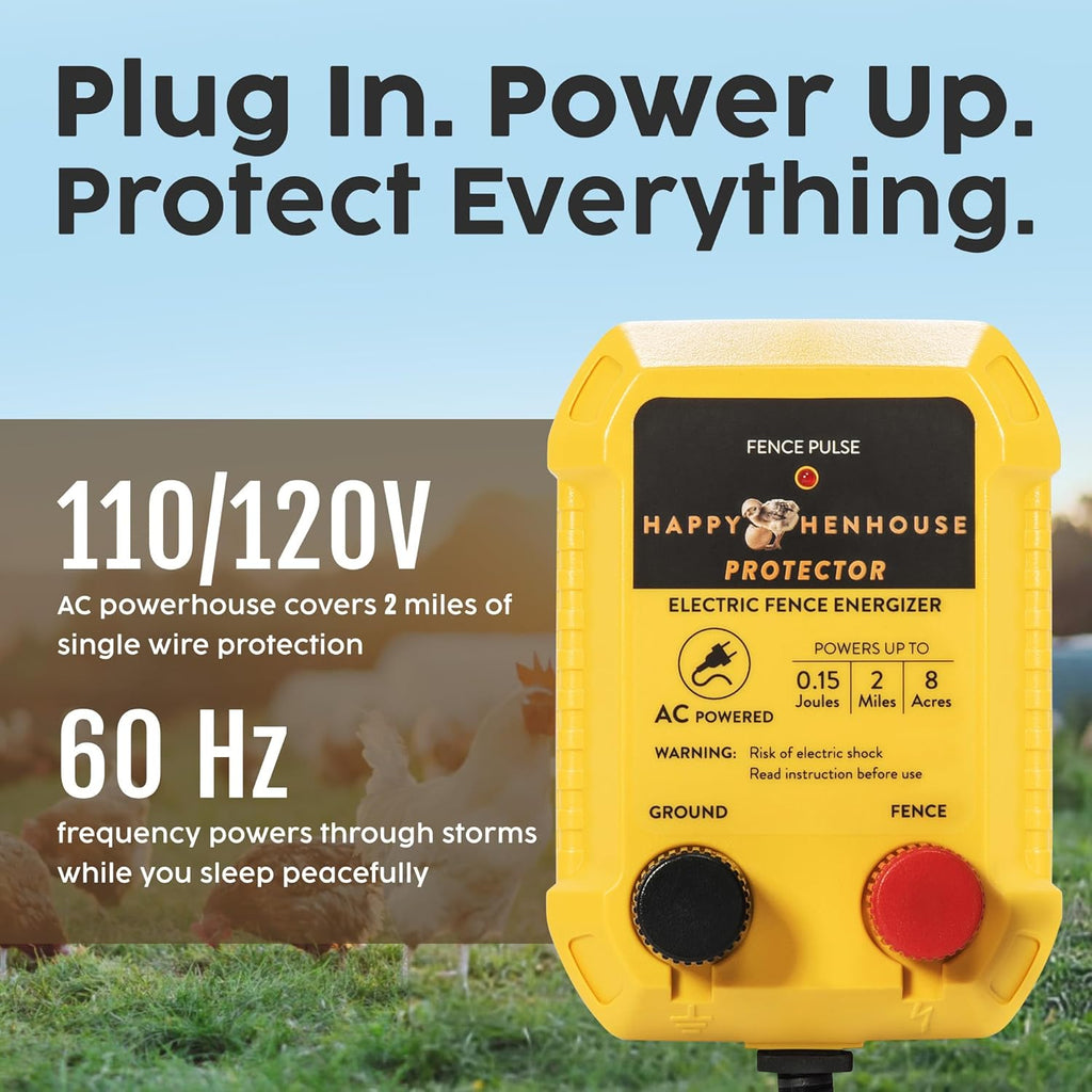 Electric Fence Charger - Powerful 110V AC Plug-in Fence Energizer for Chickens, Small Farms & Gardens - Easy Setup