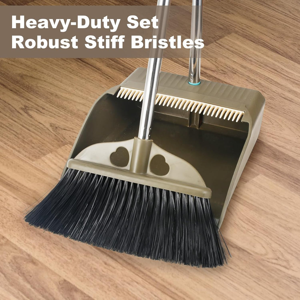 Upgrade Broom with Dustpan Combo Set,48'' Long Handle Stiff Broom Bristles with Heavy Duty Dust Pan,Indoor Outdoor