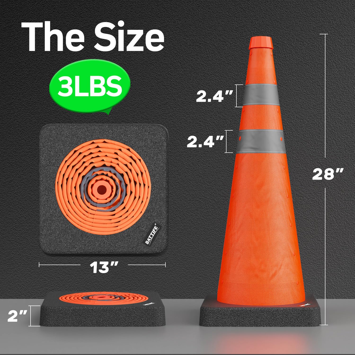 28 inch Collapsible Orange Traffic Safety Cones Weighted Base 2 Pcs | 3LBS heavy-duty design, reflective collar