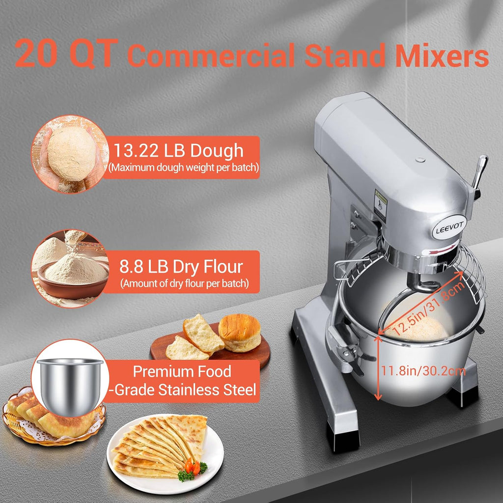 Commercial Food Mixer 20 Quart, Commercial Mixer with 3 Speeds