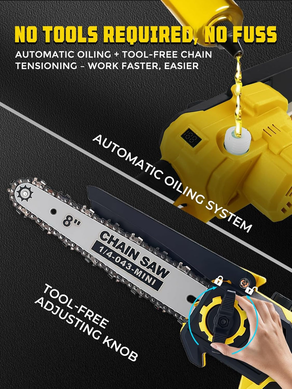 Brushless 2-IN-1 Cordless Pole Saw & Mini Chainsaw, 8 Inch Max Reach 16 Ft | 2× 21V 4.0Ah Battery, Multi-Angle