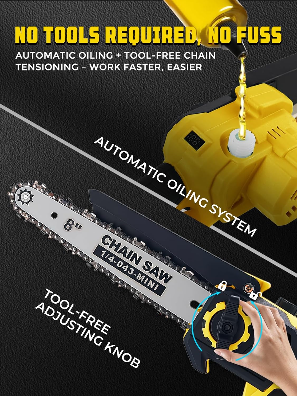 Brushless 2-IN-1 Cordless Pole Saw & Mini Chainsaw, 8 Inch Max Reach 16 Ft | 2× 21V 4.0Ah Battery, Multi-Angle