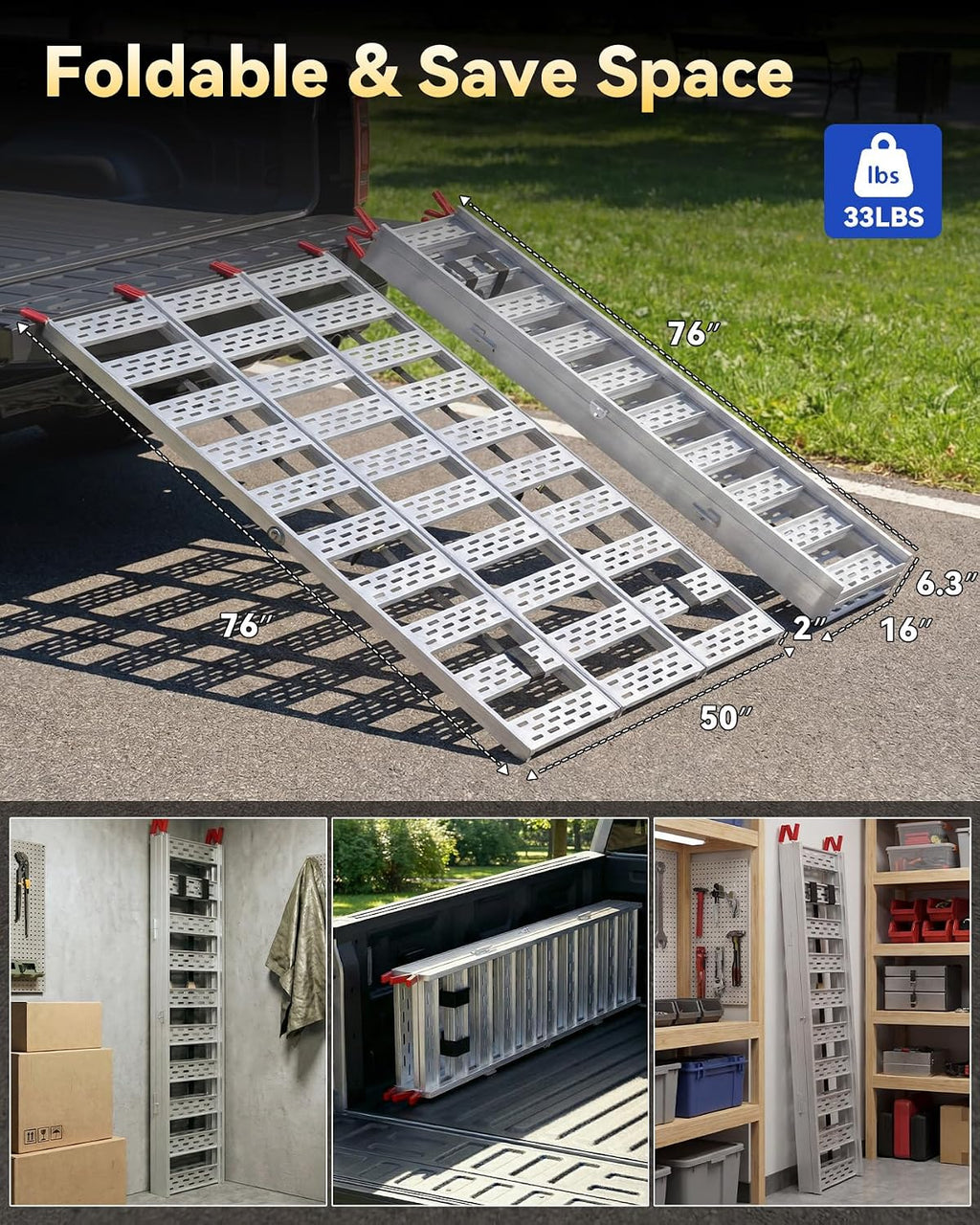 Tri-Fold Aluminum Loading Ramp for Pickup Trucks & Trailers, 1500 lbs Capacity Folding Ramp for Motorcycles, ATV