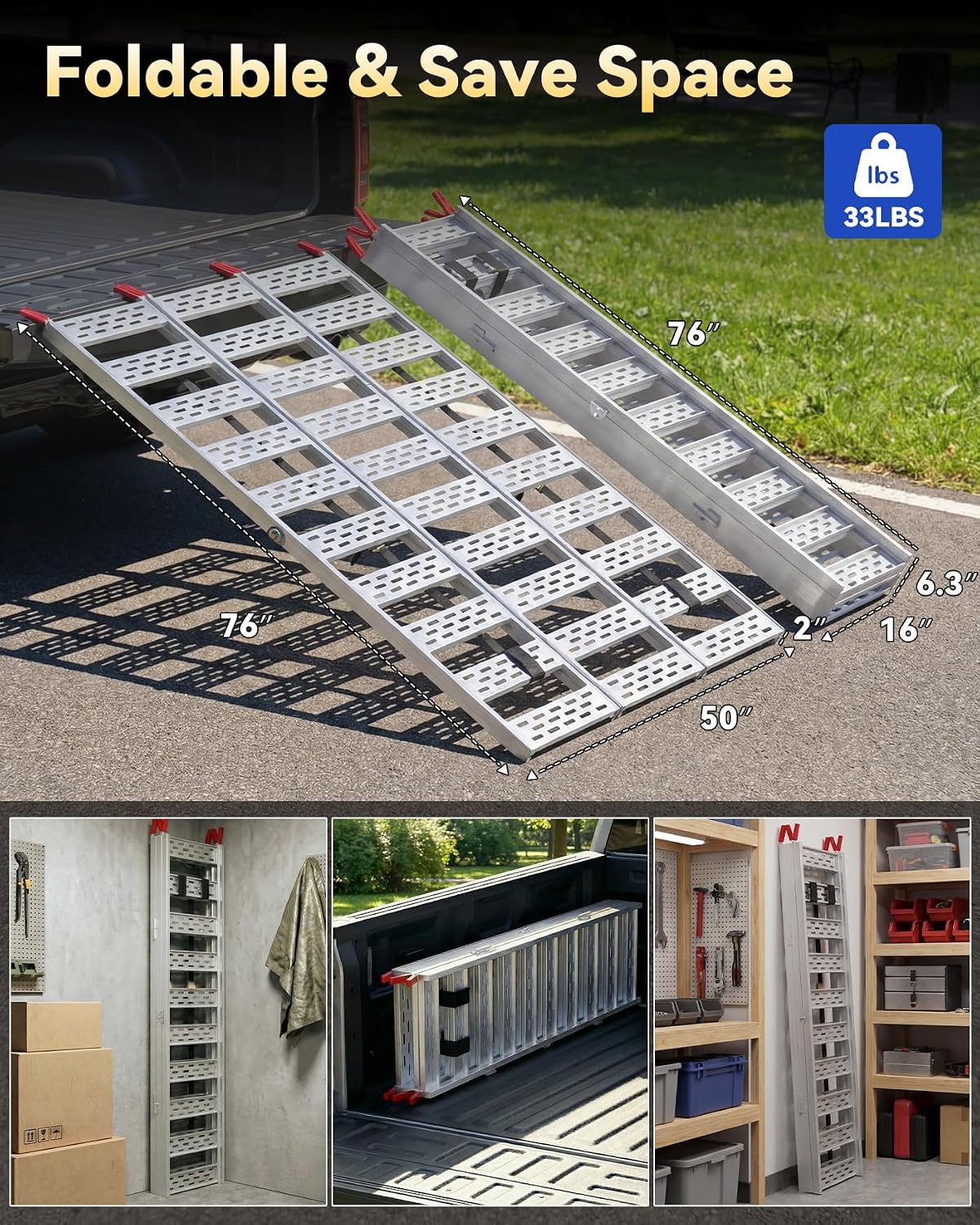 Tri-Fold Aluminum Loading Ramp for Pickup Trucks & Trailers, 1500 lbs Capacity Folding Ramp for Motorcycles, ATV