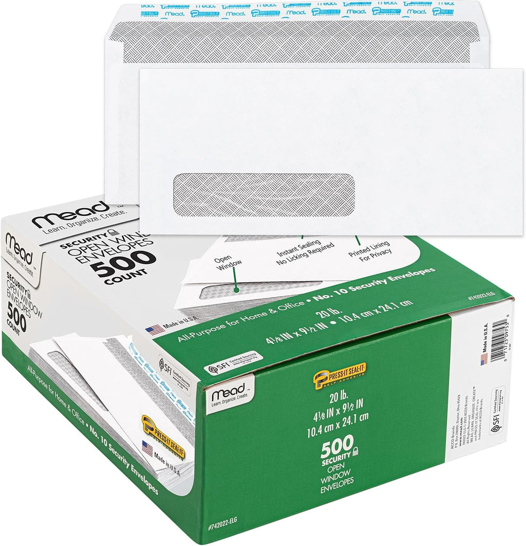 #10 Envelopes, Letter Size, 4-1/8" x 9-1/2", Security Printed Lining for Privacy, Press-It Seal-It Self Adhesive