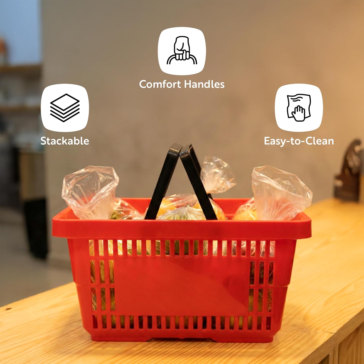 Shopping Basket 1 Count 16.9 x 11.6 x 9 Inches Durable with Flat Black Plastic Handles Stackable and Easy-to-Clean