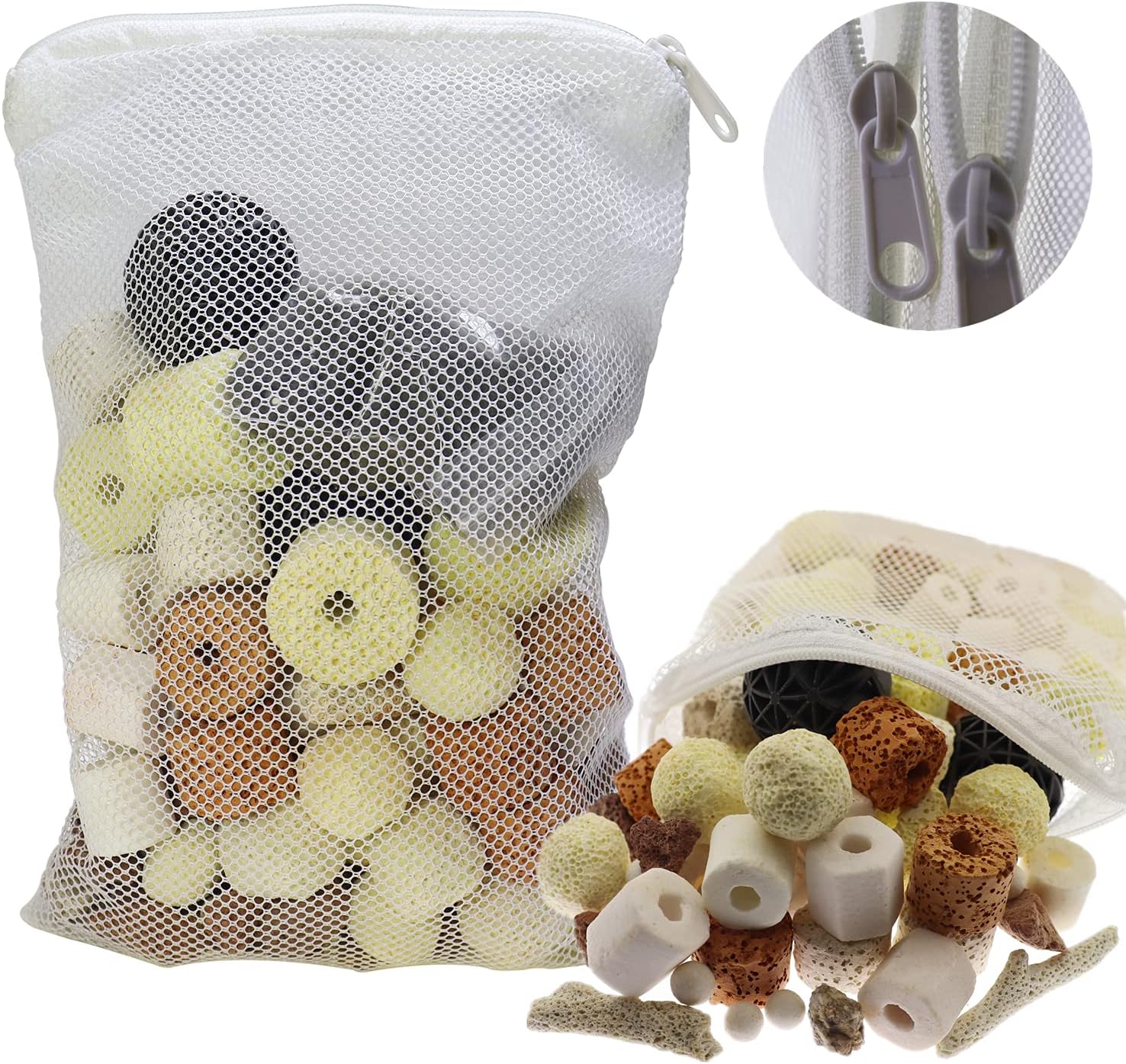 Aquarium Filter Media: 12-in-1 Bio Balls & Ceramic Rings Kit (500g) for Fish Tank or Pond - Includes Zippered Mesh Bag