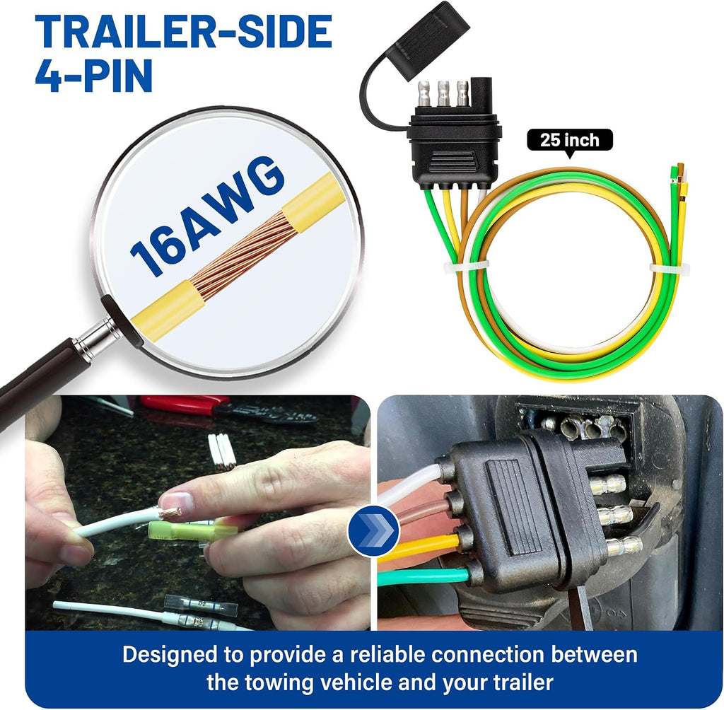 4-Way Flat Trailer End Connector 25 Inch, 16AWG 4 Prong Trailer Wiring Harness Plug with Dust Cover, Trailer-Side