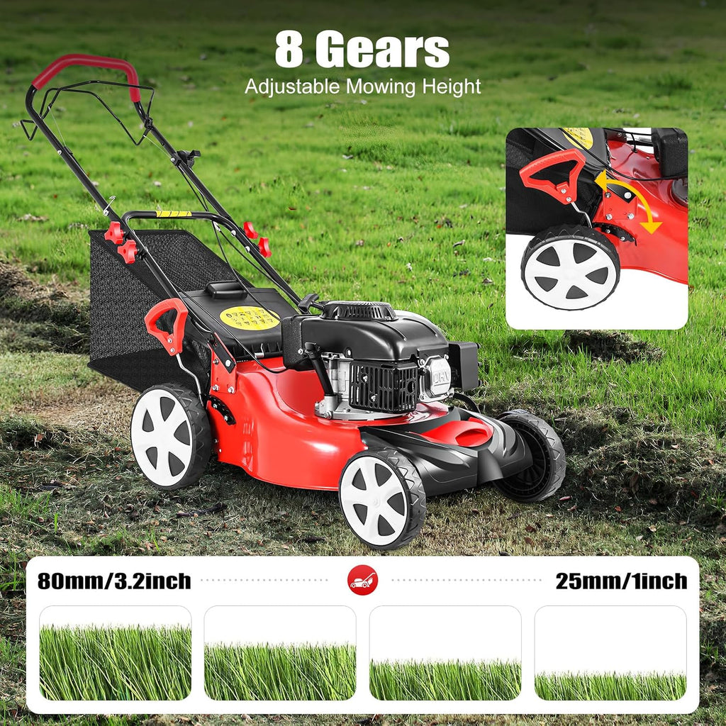 21-Inch 5HP Lawn Mower, 140CC 4-Stroke OHV Engine, Self-propelled Gas Powered Lawn Mowers, 8 Height Adjustment Push