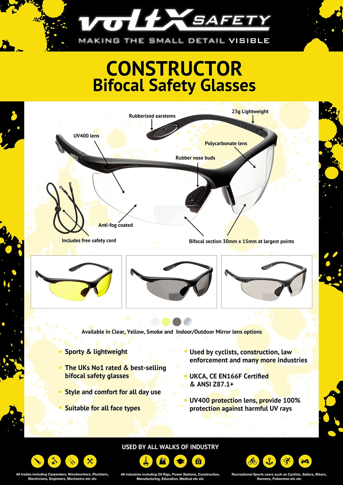 CONSTRUCTOR Clear Bifocal Reading Safety Glasses +1.0 Dioptre