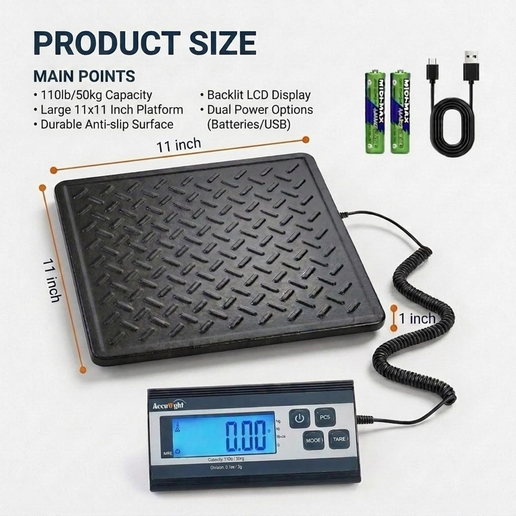 Digital Postal Shipping Scale, 440 lb Capacity, 1 oz Readability, Tare Function, Battery or USB-C Power, Corded