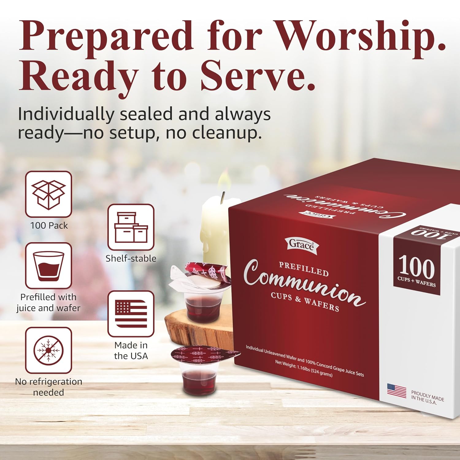 Prefilled Communion Cup and Wafer Set - Box of 100 Bread and Grape Juice