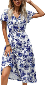 Women's Summer Casual Dress Flutter Short Sleeve V Neck Button Down Tiered Flowy Long Dress with Pockets