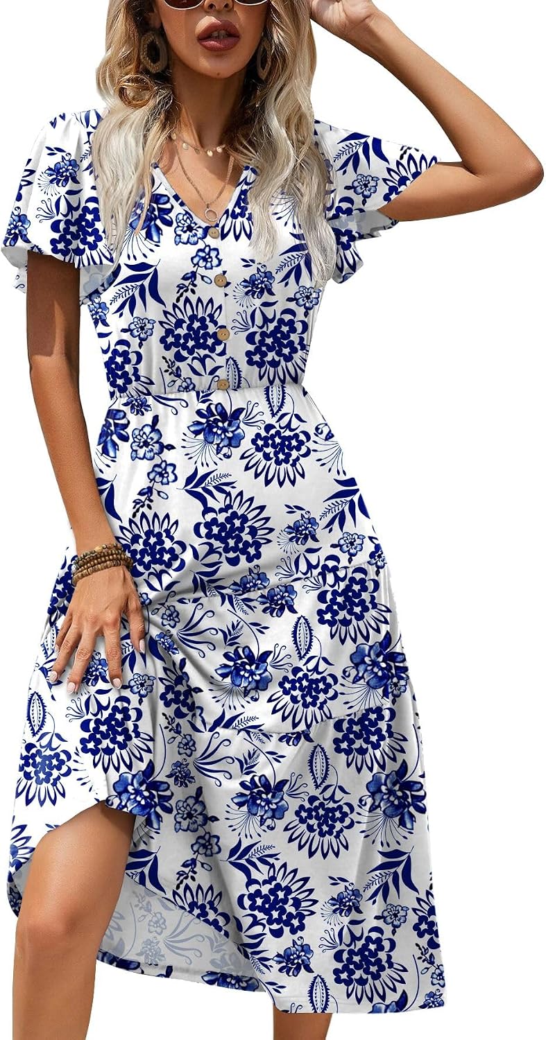 Women's Summer Casual Dress Flutter Short Sleeve V Neck Button Down Tiered Flowy Long Dress with Pockets