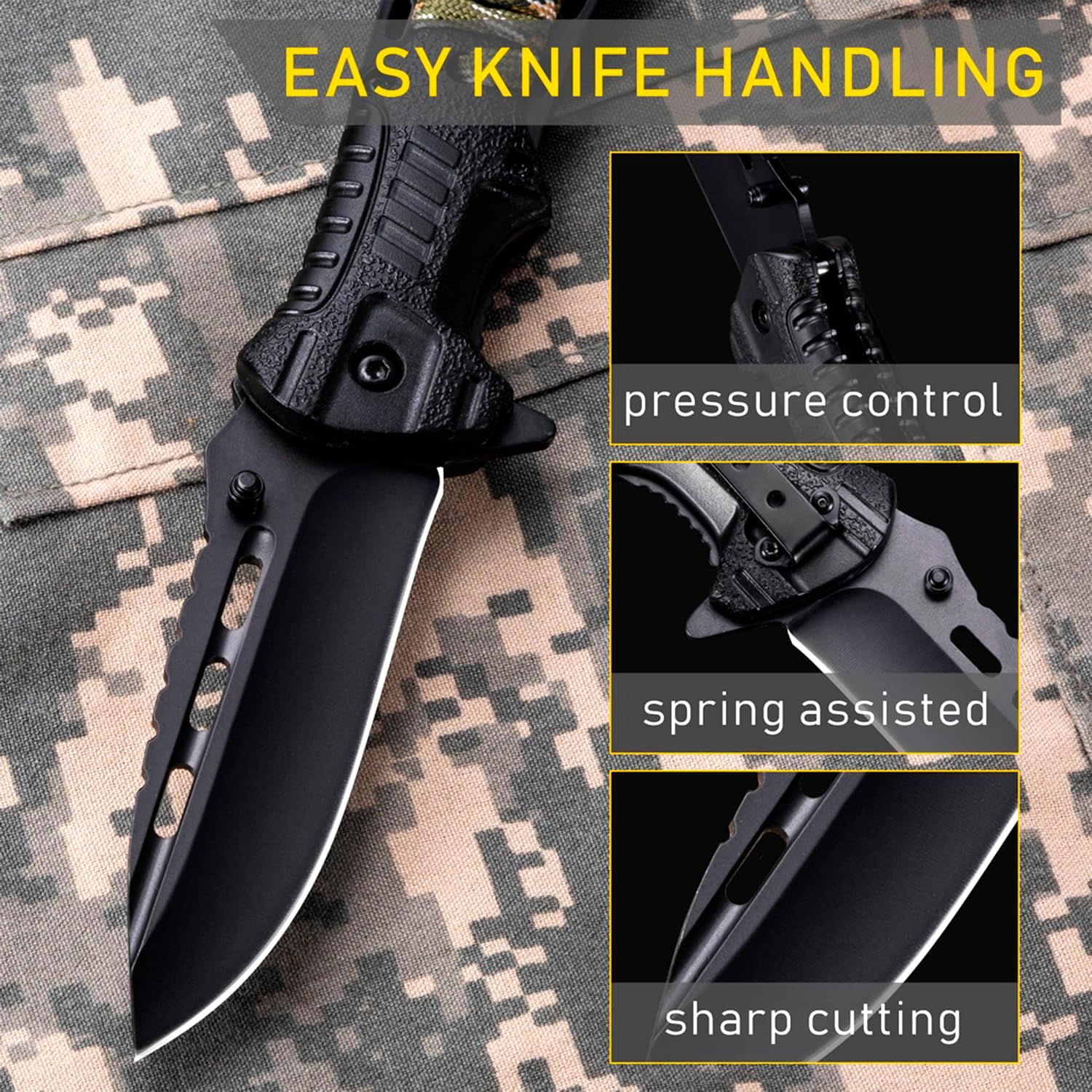 Pocket Knife with 3.74" Sharp Blade, Fire Starter, Whistle & Paracord Handle, Liner Lock - Multifunctional Folding