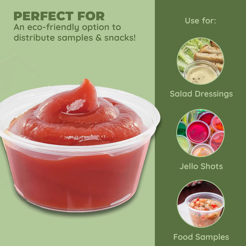 Compostable Condiment Cups with Lids, 2 oz Sauce Cups, 100 Sets per Pack: Eco-friendly for Salad Dressings