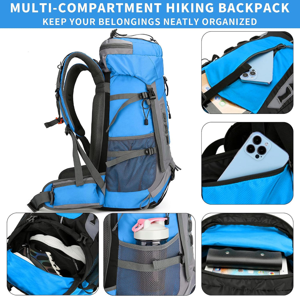 75L Hiking Backpack with Rain Cover Waterproof Camping Backpack Shoes Warehouse for Men Women, Frameless