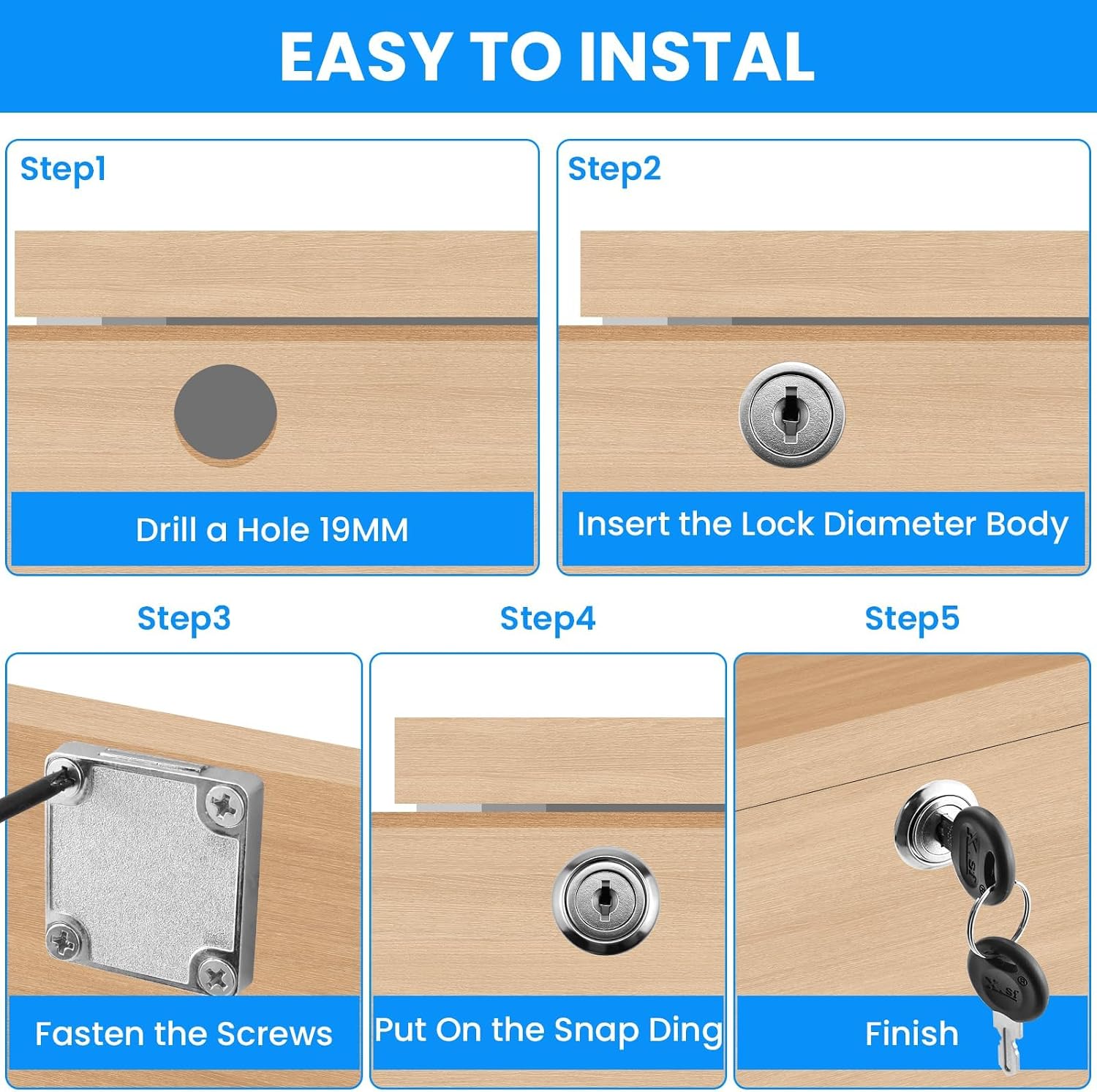 Drawer Lock with Keys and Matching Screws | for Cabinet / Wardrobe / Cupboard / Office Desk etc. (Cylinder Cam Length
