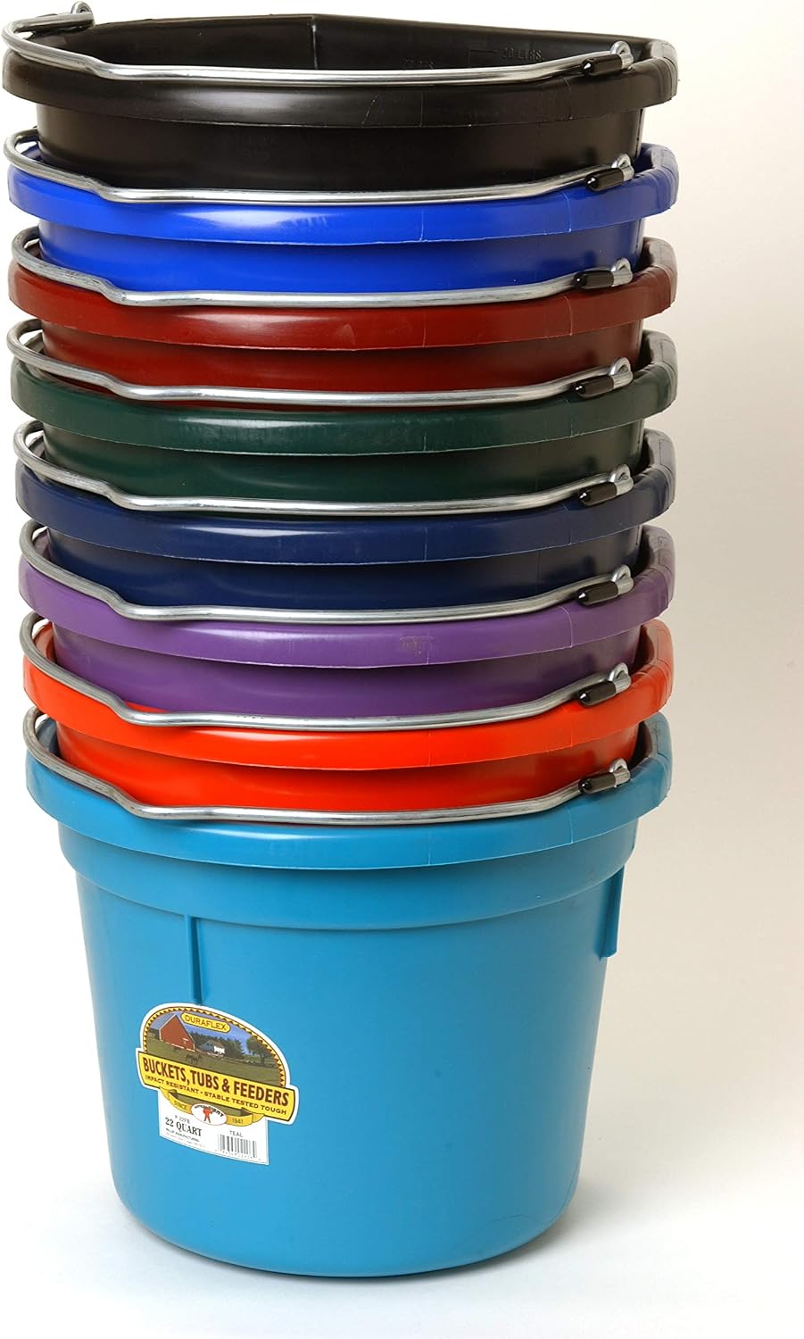 Flat Back Plastic Animal Feed Bucket | Animal Feed Bucket with Metal Handle | Horse Feeder & Waterer Pail | 22 Quarts