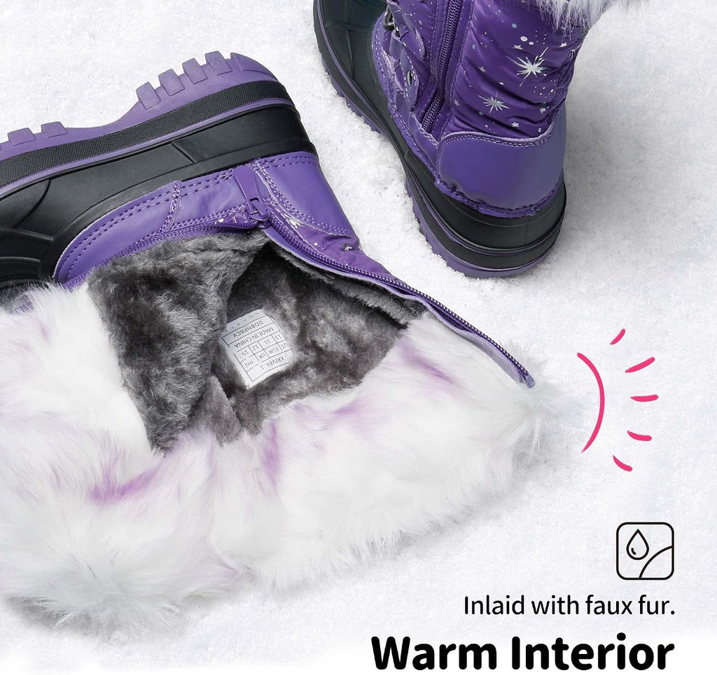 Girls Snow Waterproof Winter Boots | Warm Faux Fur Lined Outdoor Secure Grip Anti Slip Outsole Easy Wear Windproof