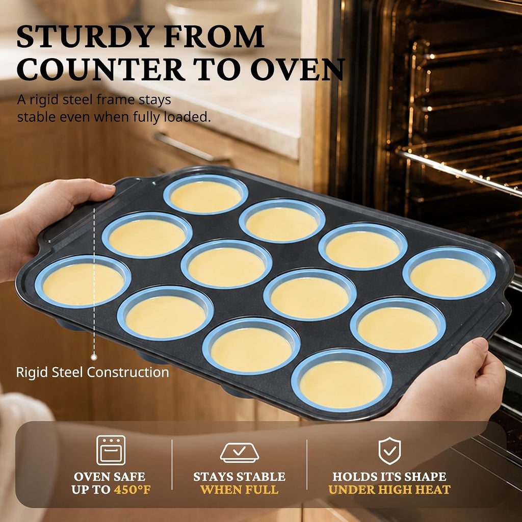 Silicone Muffin Pans for Baking with Metal Frame, Egg Bite Molds, 12-Cup Regular Size Cupcake Pan, Easy-Release