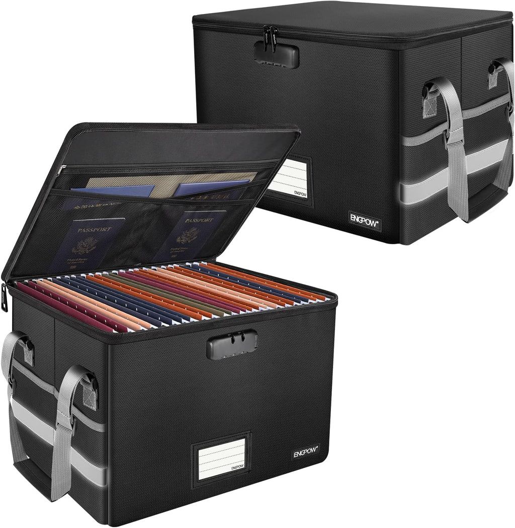 File Box with Lock, Fireproof Document Box with Pockets, Collapsible File Organizer Filing Storage Cabinet with