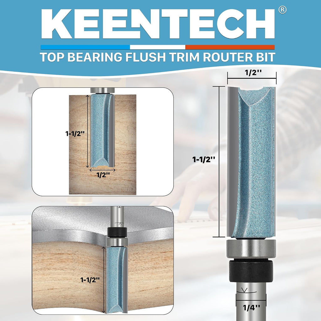 Flush Trim Router Bit, 1/4" Shank x 1/2" Dia x 1-1/2" Depth | 10X Lifespan, Pattern Bit, Top Bearing, Industrial
