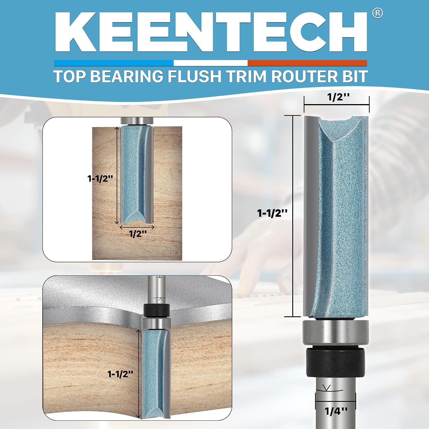 Flush Trim Router Bit, 1/4" Shank x 1/2" Dia x 1-1/2" Depth | 10X Lifespan, Pattern Bit, Top Bearing, Industrial