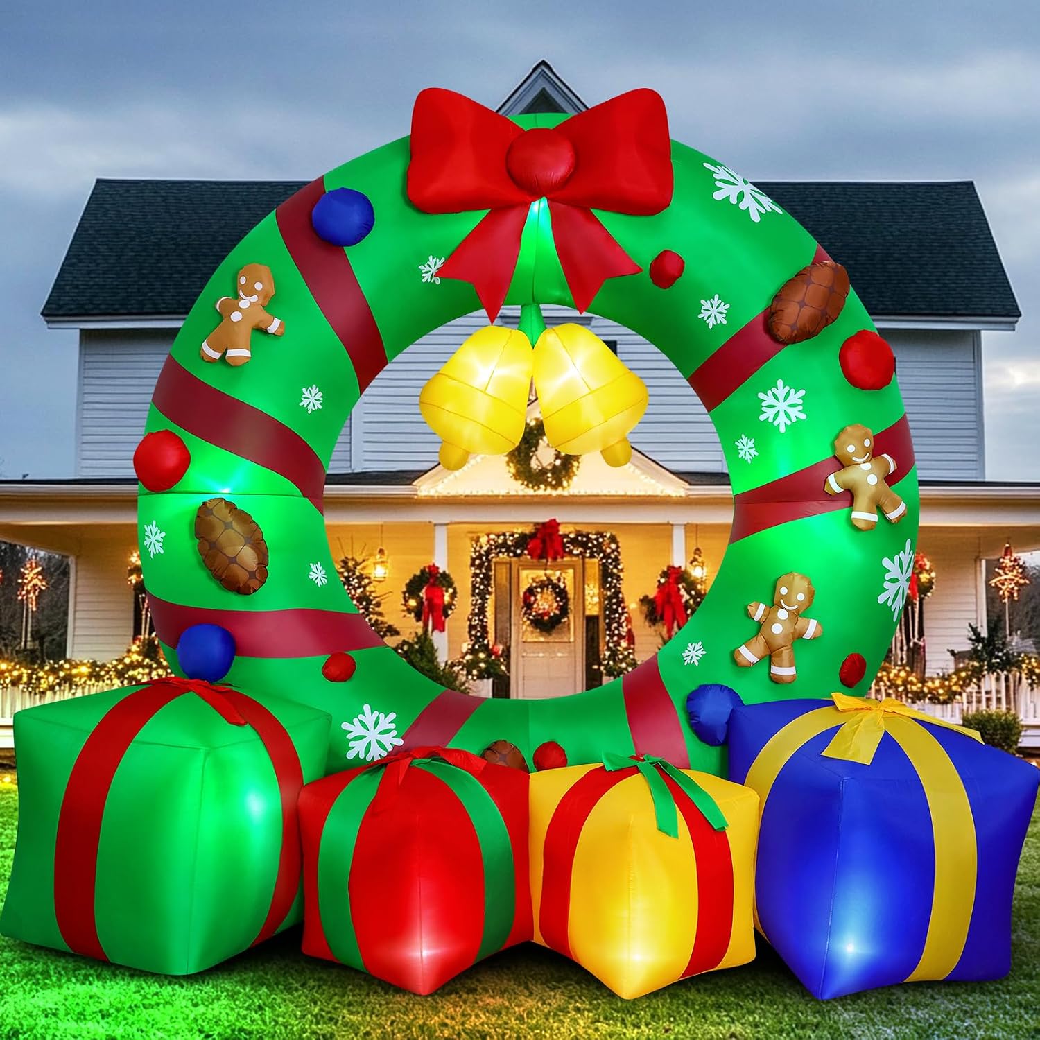 10FT Giant Inflatable Christmas Wreath Outdoor Decor Blow Up Xmas Wreath with Gift Boxes Bells LED Lights Holiday