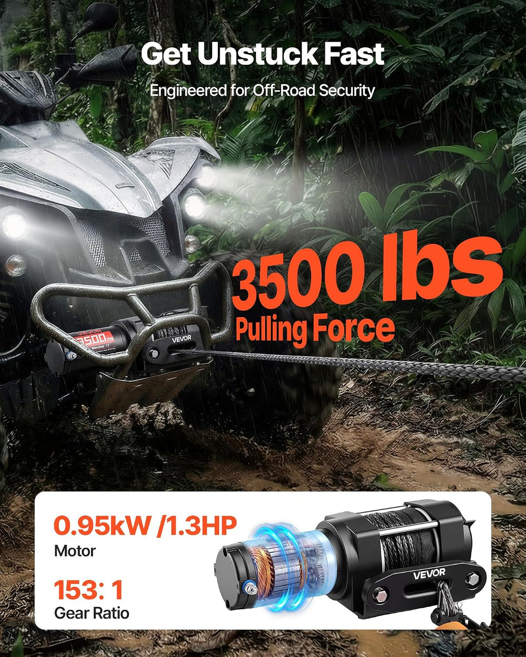 3500 lbs Electric Winch, 12V DC ATV/UTV Winch with Φ0.21 in x 32.8 ft Synthetic Rope & Wired Remote Control, IP55