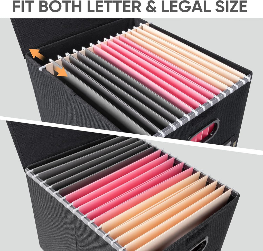 File Organizer Box with Lid, Collapsible File Folder Organizer with Plastic Slide, Hanging File Folder Box for Office