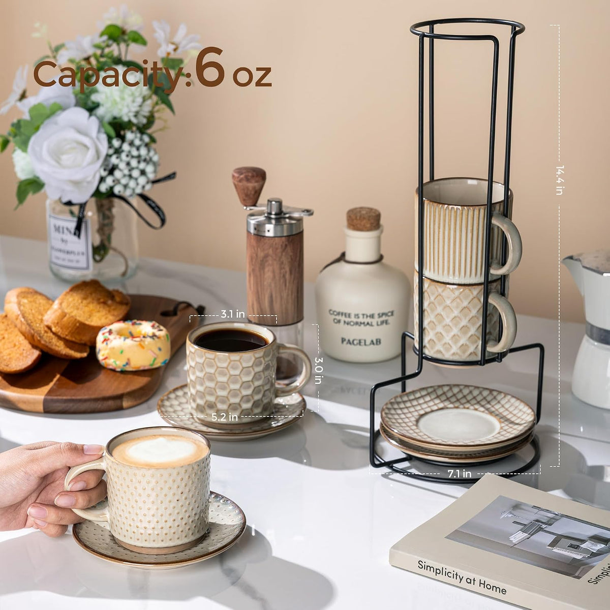 6 OZ Coffee Mugs with Saucer and Stand, Ceramic Espresso Coffee Cup