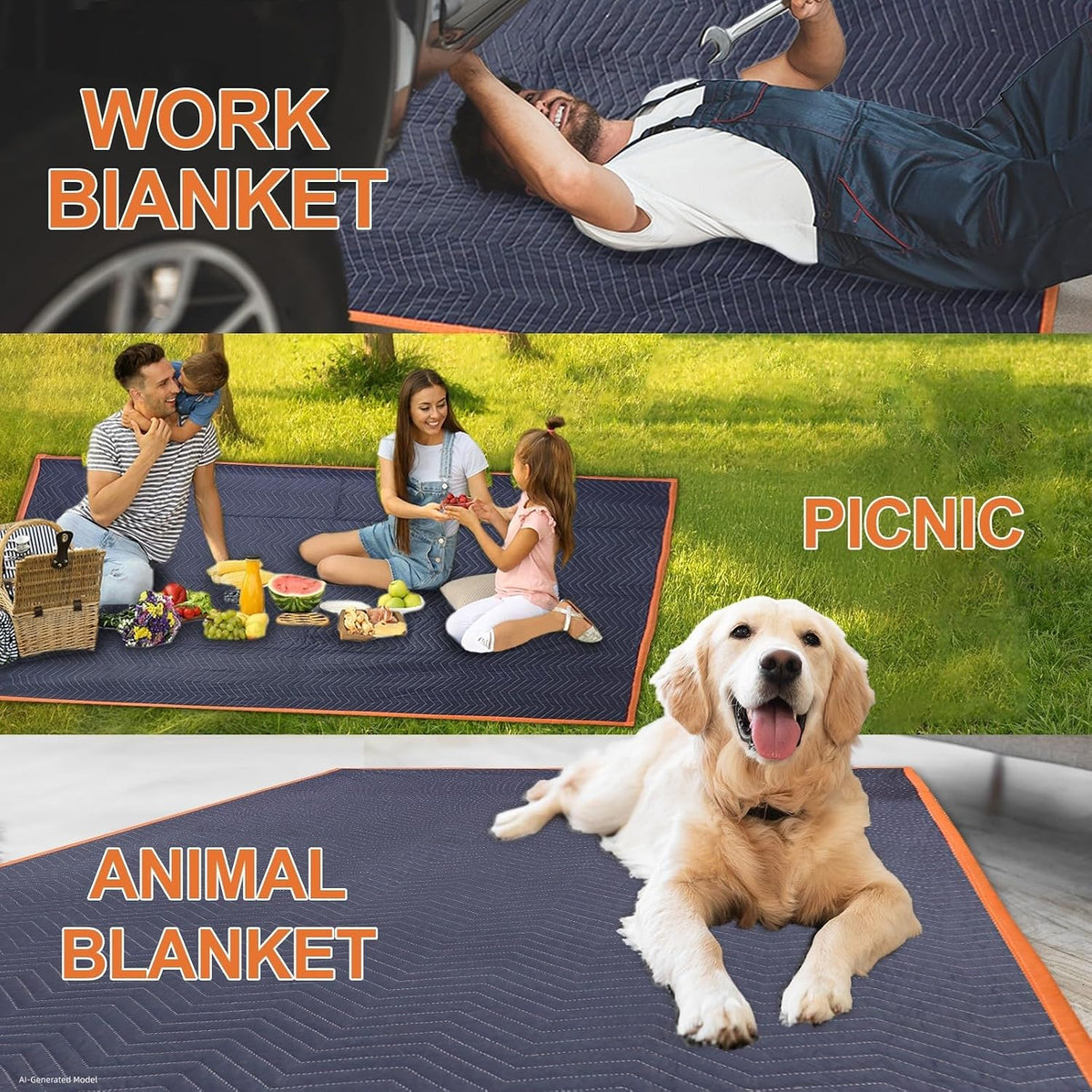 2Pk Heavy-Duty Moving Blankets 72x40in Rev Black & Blue 4.4lbs