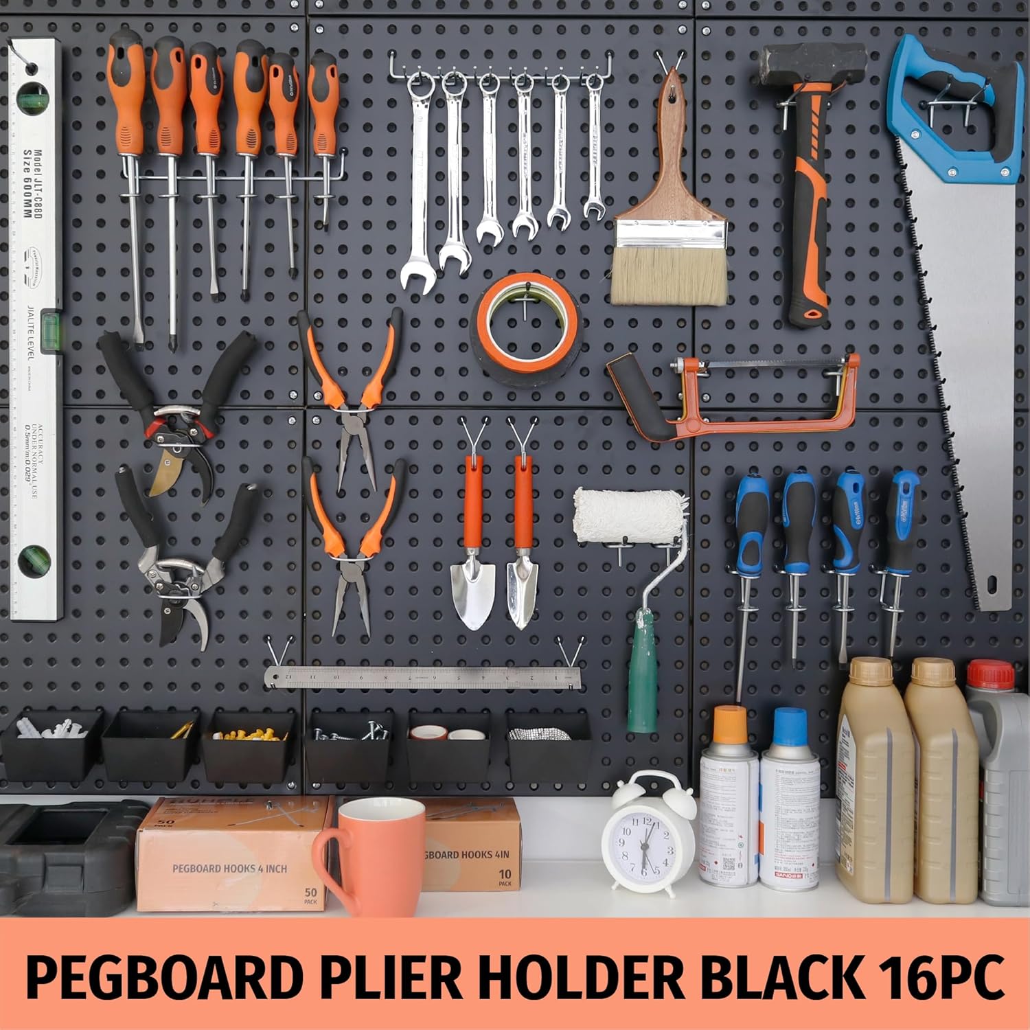 16 Pack Pegboard Pliers Holder–Black Stainless Steel Peg Board Tool Holders for Garage Organization-Secure Ring Style