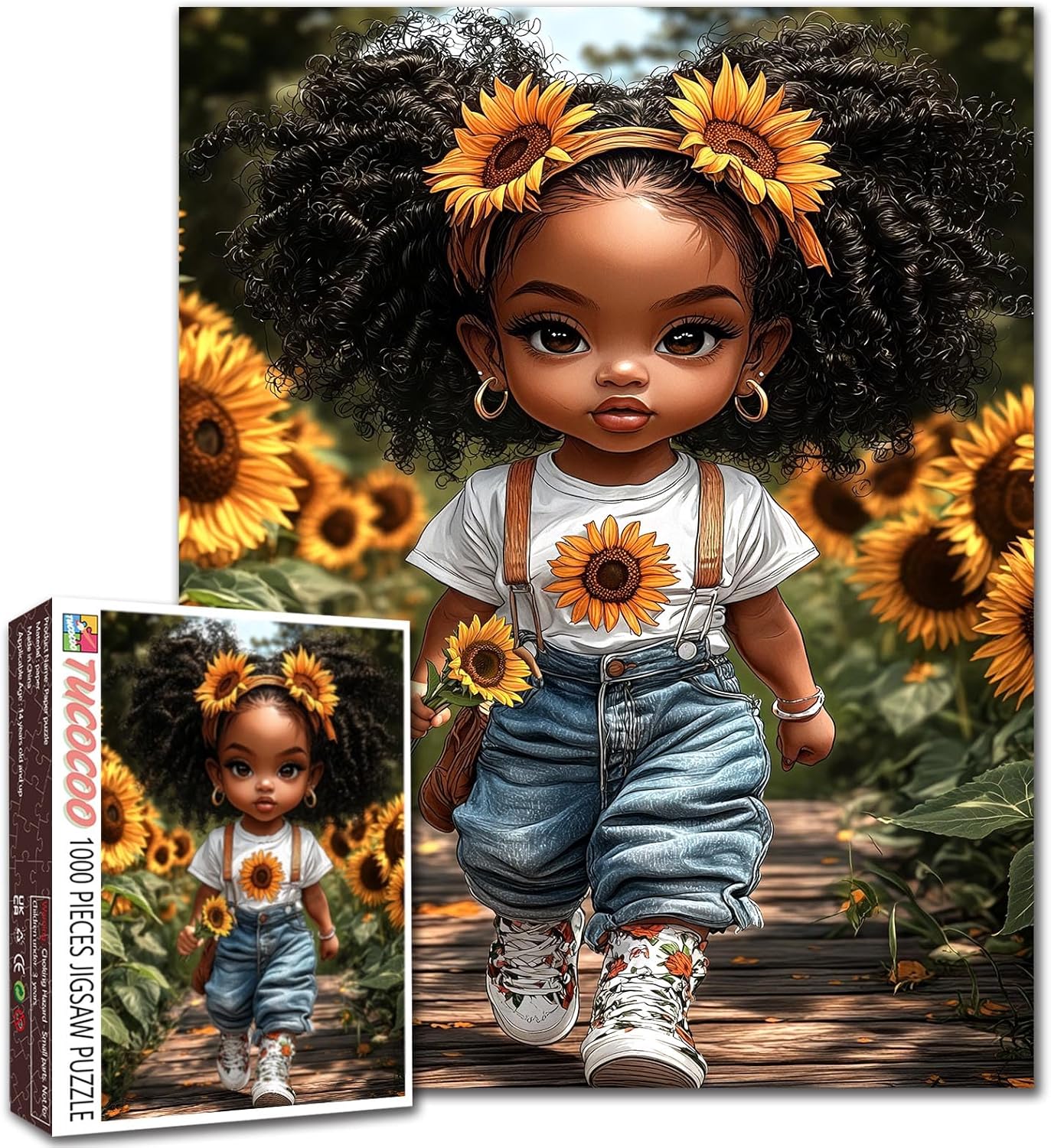 Sunflower African Girl Jigsaw Puzzle for Adults 1000 Pieces, Cute Afro Curly Hair Girl Puzzles Colorful Floral Art