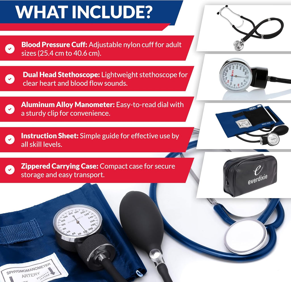 Aneroid Sphygmomanometer and Dual Head Stethoscope Set with Adult Size Blood Pressure Cuff, Calibration Key and
