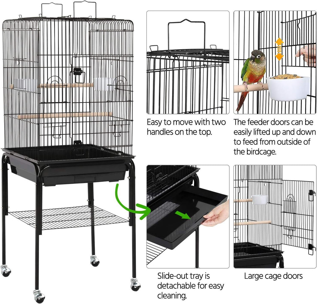 53.5" Open Top Parrot Bird Cage with Detachable Rolling Stand, Roof Play Flight Cage for Cockatiels, Sun Conures
