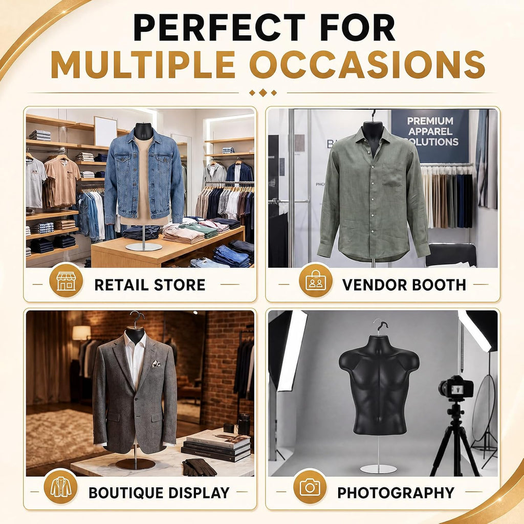 2 Pack Male Mannequin Torso Half Body Mannequin with Stand and Hanging Hook Stackable Dress Form Hollow Back for