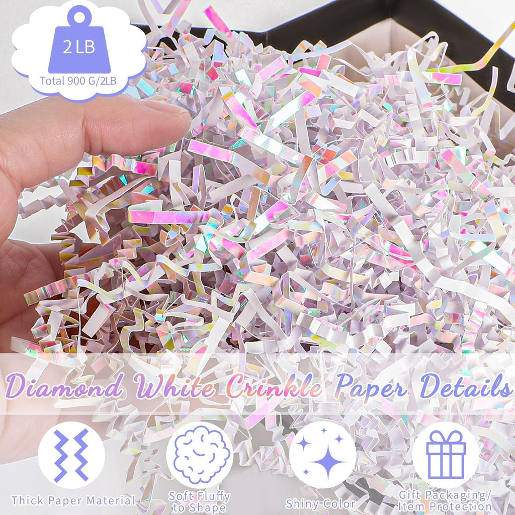 2 LB Iridescent White Crinkle Cut Paper Shred Filler for Gift Boxes