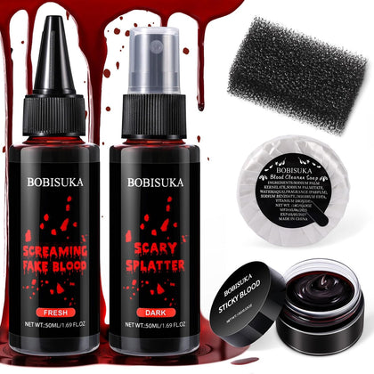5PCS Halloween Fake Blood Kit – Dripping Fresh Blood, Dark Spray Blood, Coagulated Gel, Cleansing Soap, Stipple