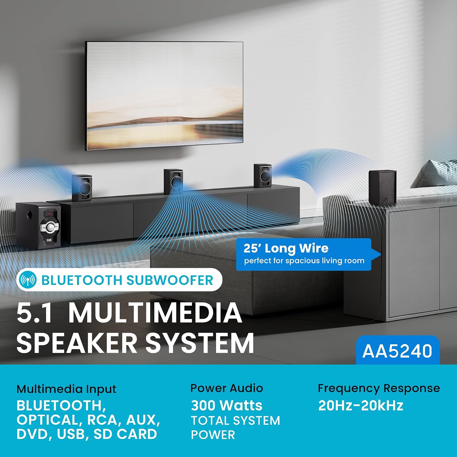 AA5240 Home Theater 5.1 Bluetooth Speaker System with USB and SD Inputs, Black