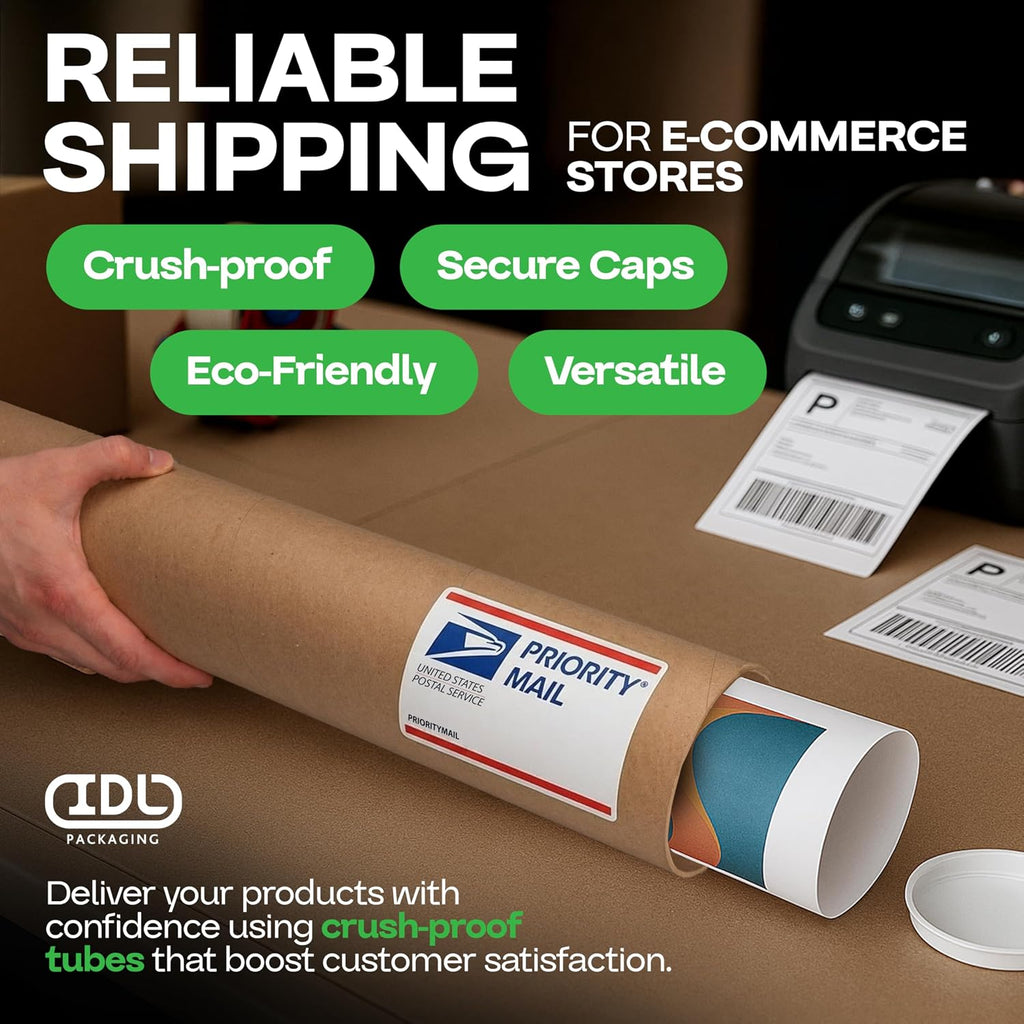 Cardboard Mailing Tube, 3" x 24" with Plastic Caps - USA-Made USPS Approved Poster Tube for Documents & Blueprints