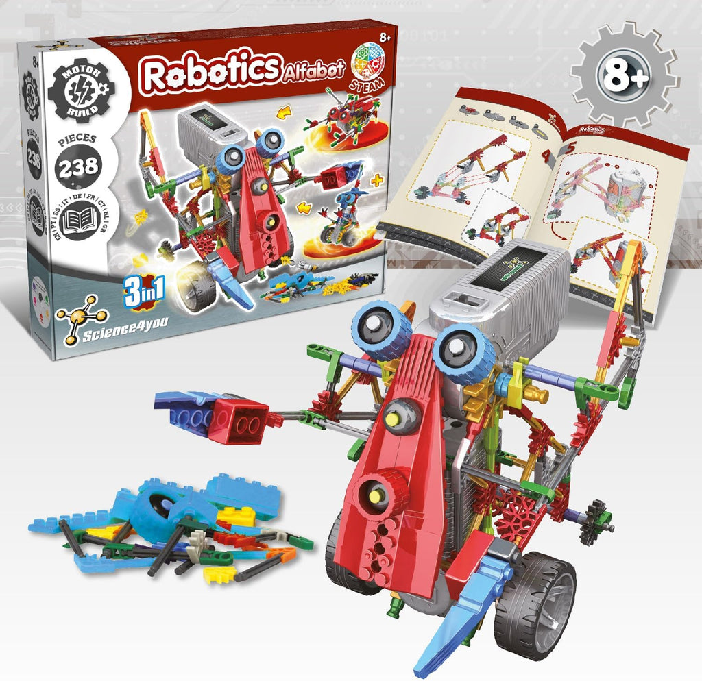 Robotics Alfabot - Robot Building Kit for Kids, 238 Pieces - Build Your Own Robots and Make Them Move - 3 Different