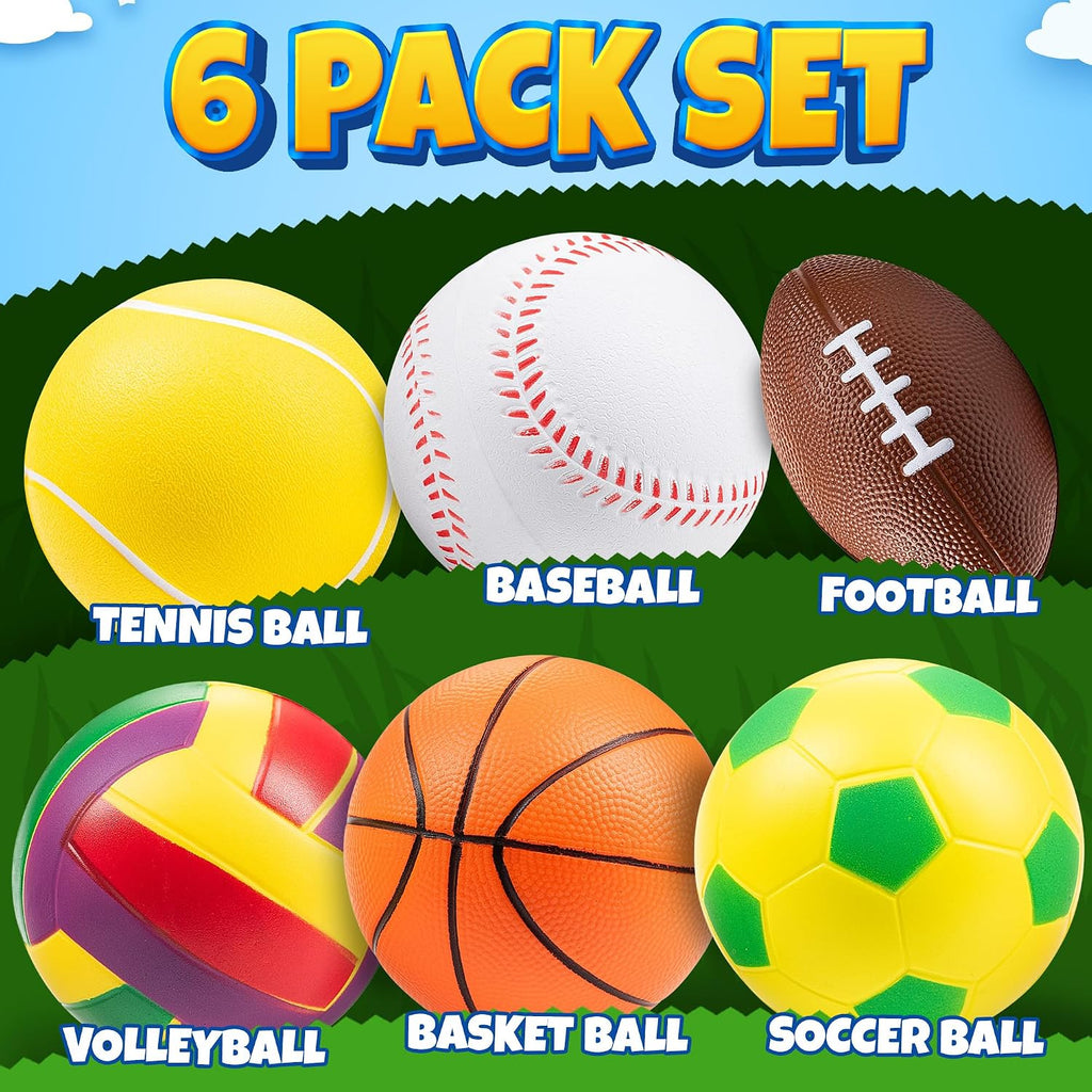 Soft Sports Balls for Toddlers (6-Pack) Foam Ball Set for Kids Ages 1-3 | Foam Soccer, Basketball, Football
