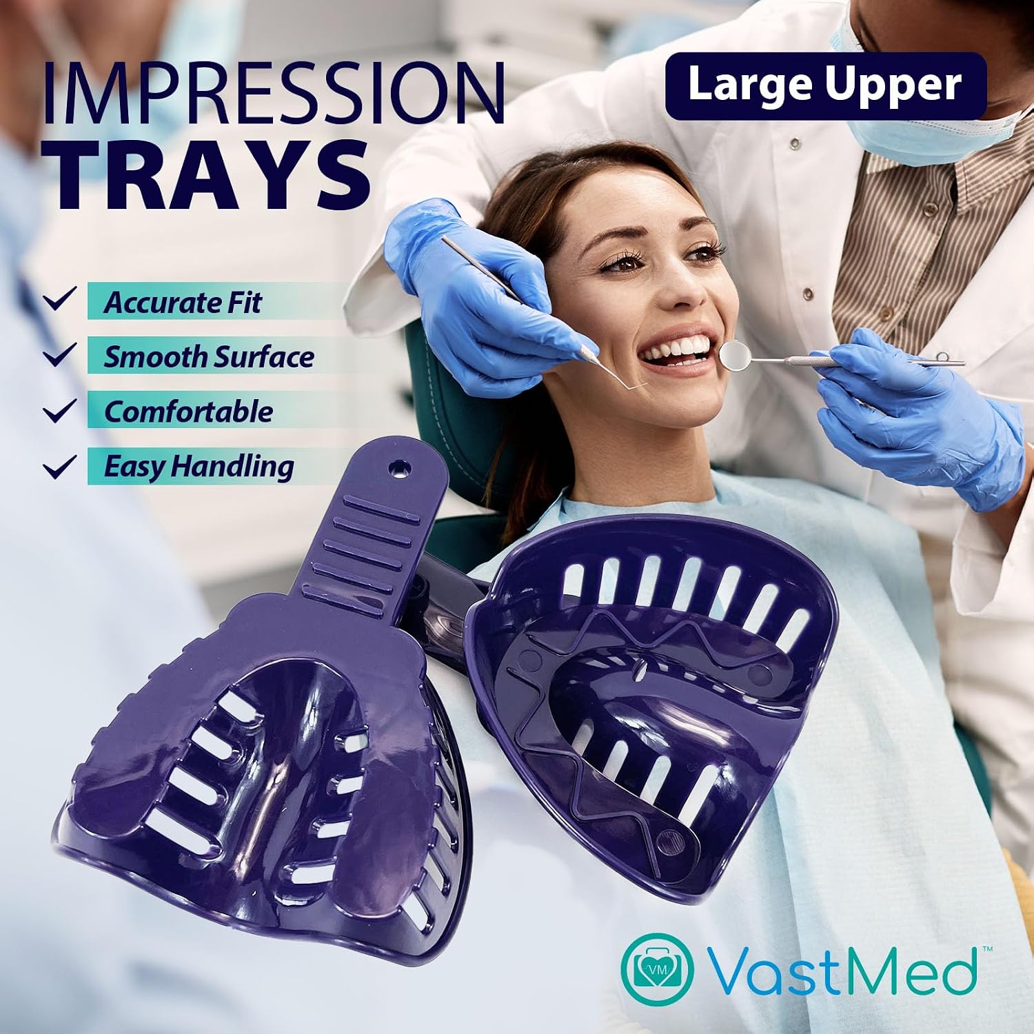 Dental Impression Tray Bag of 12 by Vastmed | Perforated Disposable Teeth Impression Trays | #1 Large Upper - Purple