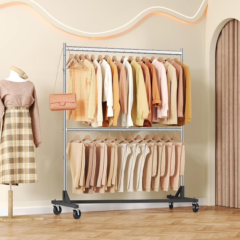 Double Rod Z Rack, Rolling Clothes Racks with Z-Base, Adjustable Clothing Rack, Standing Clothes Rack, Metal Clothing